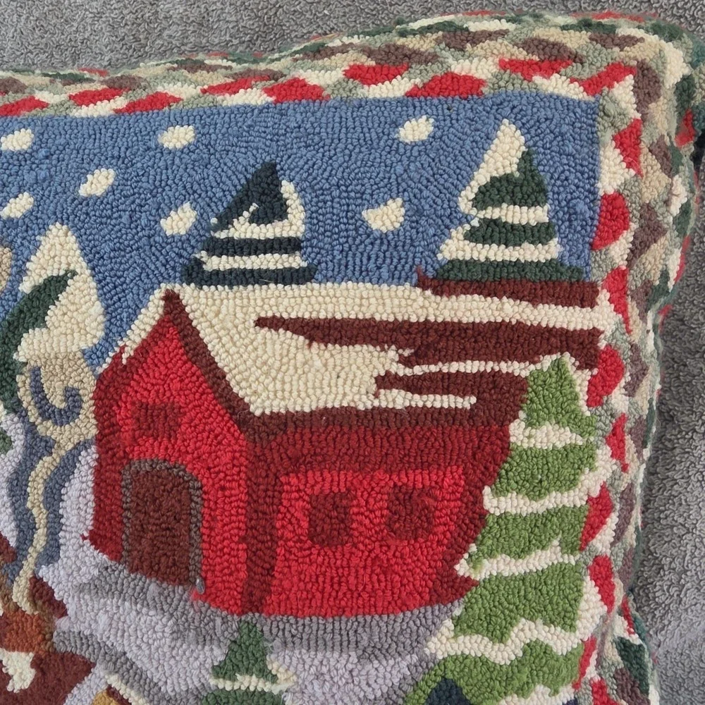 Vintage Hooked Wool Christmas Winter Scene Pillow 18x15